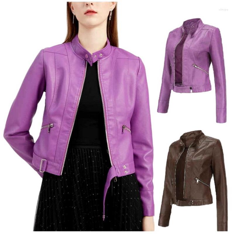 

Women's Leather Women Faux Jacket Ladies Solid Zipper Biker Coat Female Mandarin Collar Outwear, Red