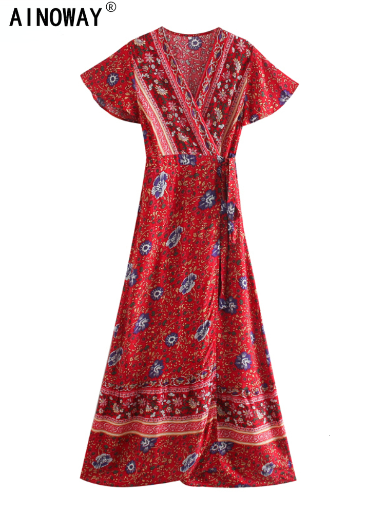 

Casual Dresses Vintage chic vestidos women Floral print bat sleeve beach long Bohemian maxi sundress Ladies sexy V neck Summer Boho dress 230217, Green 02