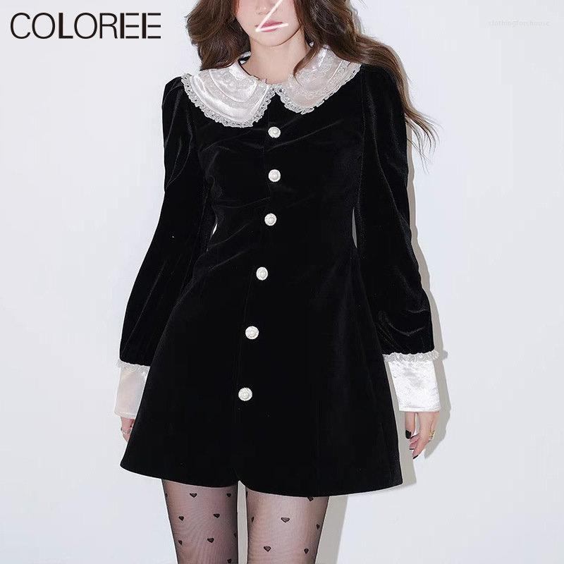 

Casual Dresses Vintage Black Velvet For Women 2023 Autumn Winter Elegant Long Sleeve Lace Patchwork A-line Mini Dress Vestido