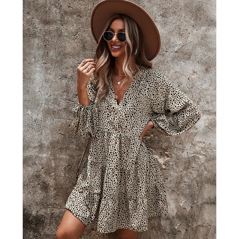 

Casual Dresses Autumn Winter Spring Leopard Print Dress Women V Neck Button Full Sleeve Dot Ruffles High Waist Mini, Black
