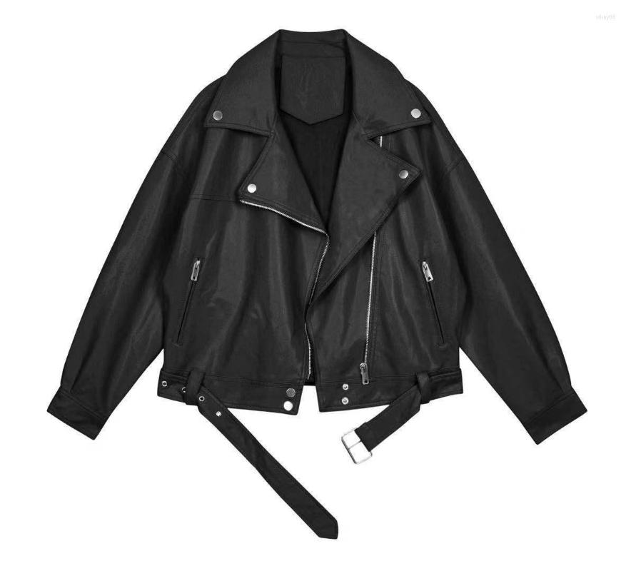 

Women' Leather 2023 Spring Women Pu Motorcycle Jacket Female With Belt Solid Color Jackets Ladys Loose Casual, Black