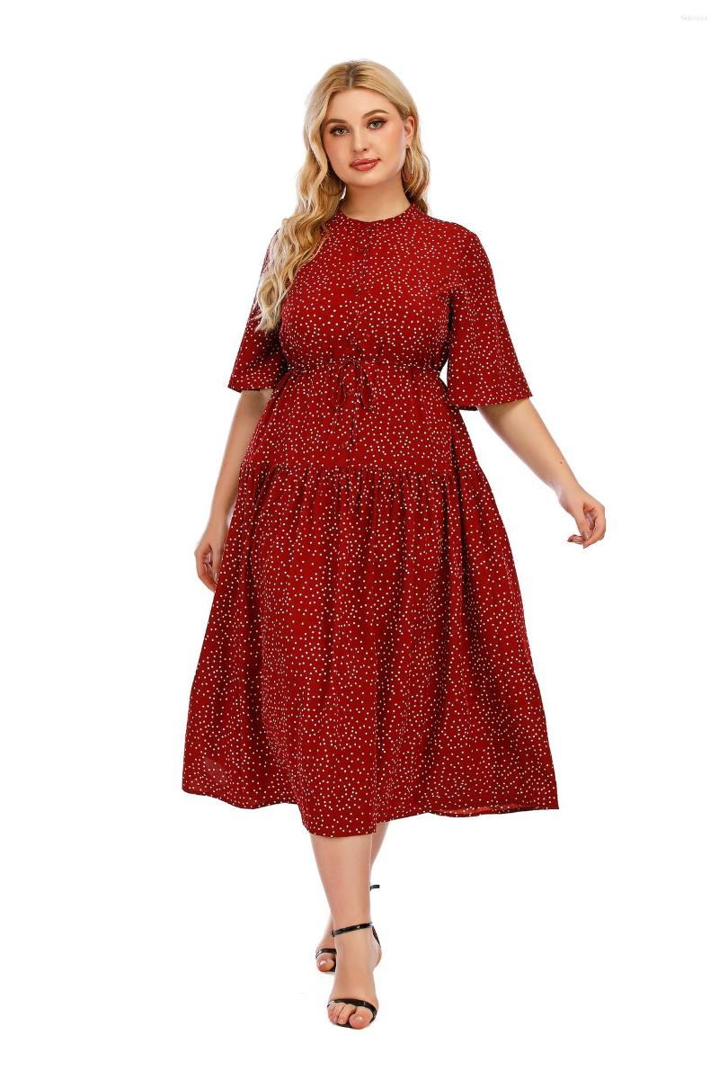 

Plus Size Dresses Dot Dress 2023 Summer Round Neck Calf Length A Line Slim Fit Red Elegant Dating Casual High Waist Folds Mature, Black dress