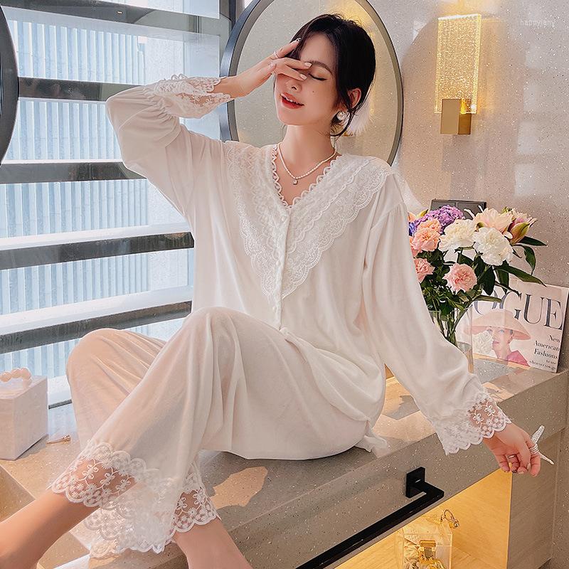 

Women's Sleepwear Sweet Lace Trim Pajamas For Women Autumn Winter Long Sleeve Trouser Suits Pyjama Pour Femme Loose Casual Home Clothes Set, White