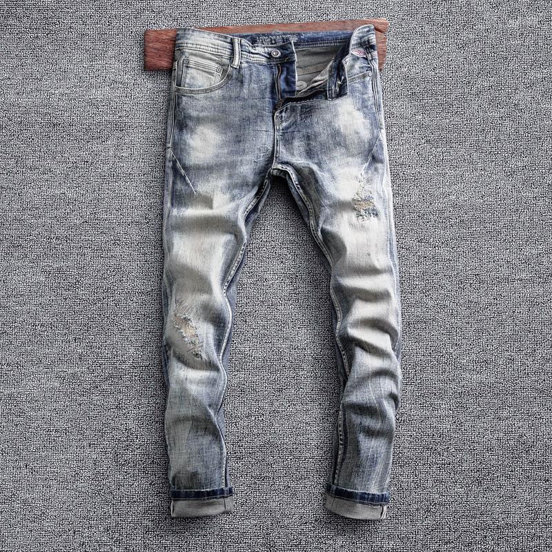 

Men's Jeans Italian Style Fashion Men Retro Gray Blue Elastic Slim Fit Ripped Patchwork Vintage Designer Casual Denim Pants