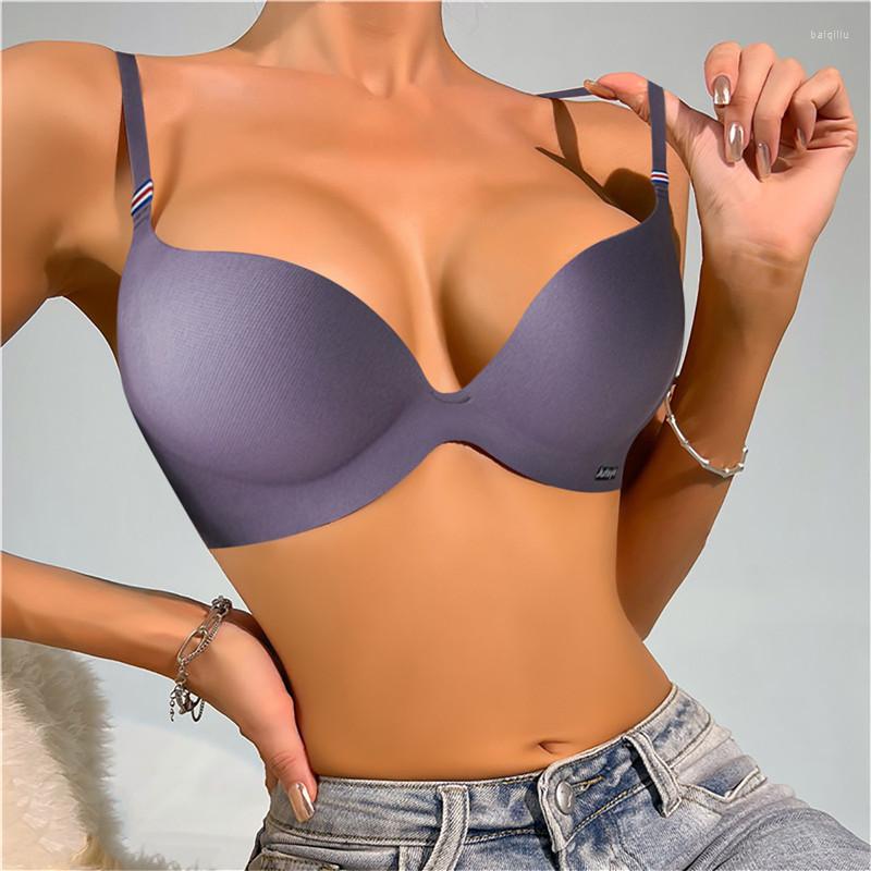 

Yoga Outfit Sexy Seamless Women Bras Wireless Ice Silk Bralette Gather Push Up Lingerie Thin Smiple Style Ab Cup Deep V Female Underwear, Picture shown