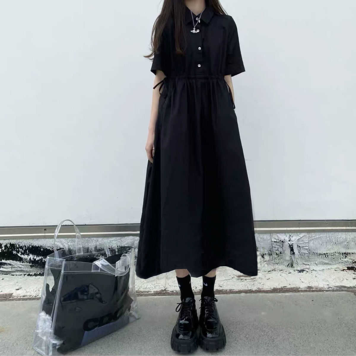 

Casual Dresses 2020 New Summer Polo Collar ShortSleeved Full Body Dress KoreanStyle Loose Length Dress Woman Vestido De Mujer Femme Robe Z0216, Black