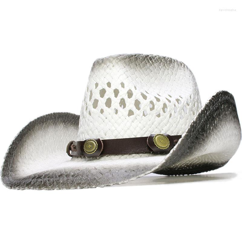 

Berets Unisex's Retro Raffia Straw Wide Brim Sun Beach Hollow-out Cowboy Cowgirl Western Hat Vintage Alloy Bead Leather Band M- 58cm, No.2