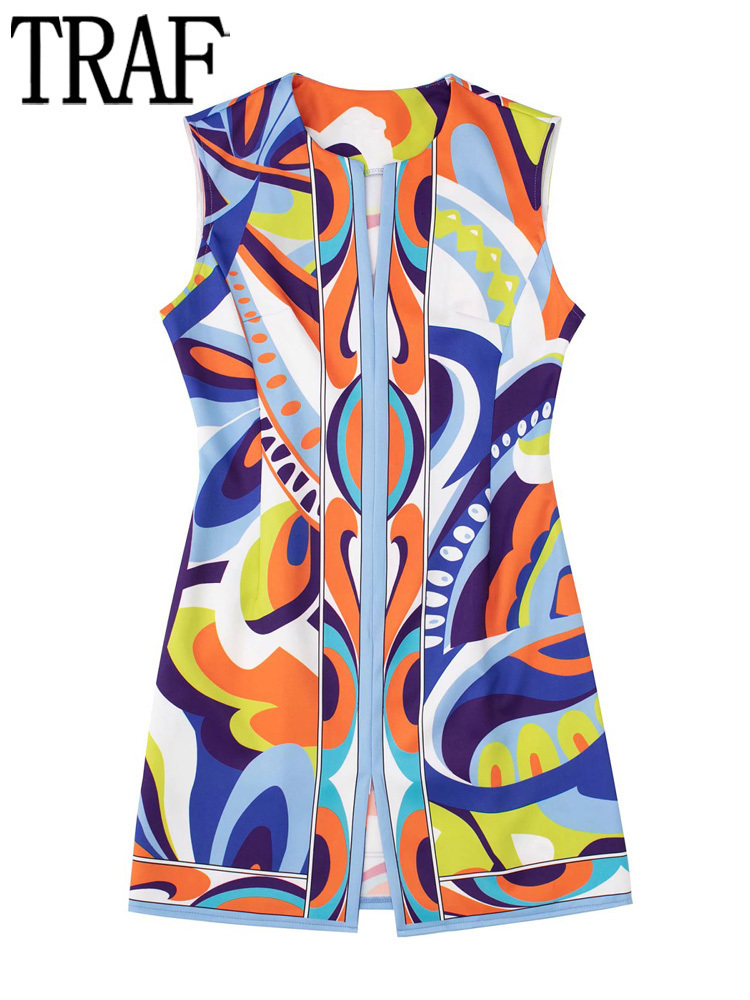

Casual Dresses TRAF Print Boho Short Woman Sleeveless Bohemian Women Fashion Beach Summer Female 230217, Print skirt
