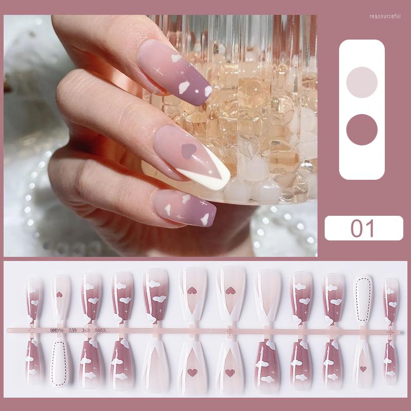 

False Nails 24Pcs/Set Press On Fake Heart Love Cloud Full Cover Artificial Nail Beauty Tips Naked Pink French White Side, Jelly glue