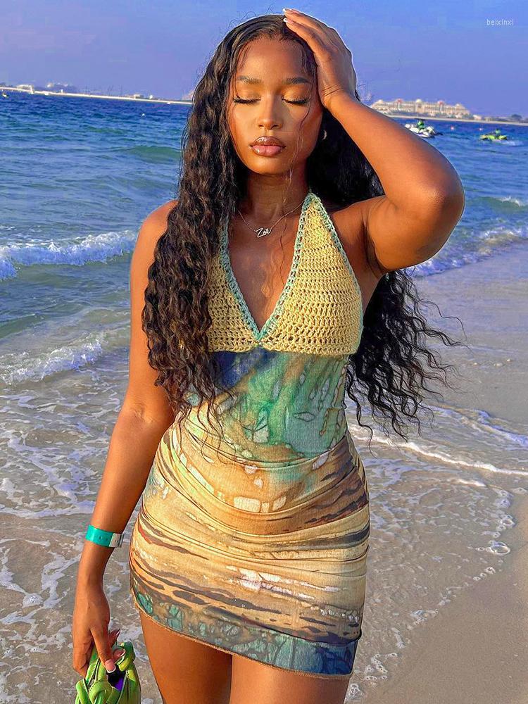 

Casual Dresses WeiYao Knitted Patchwork Sexy Y2K Clothes Tie Dye Print Sleeveless Backless Lace Up Halter Bodycon Mini For Women Club, Multi color