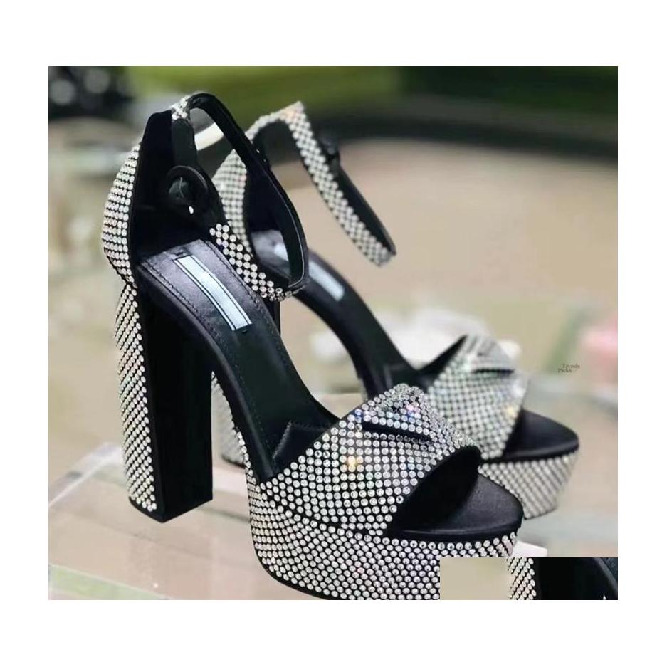 

Sandals Rhinestone Luxury Designers Womens Platform Heel Dress Shoes Classic Triangle Buckle Embellished Ankle Strap 13Cm High Heele Dh2U9, 3#