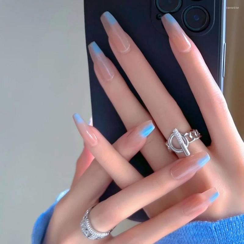 

False Nails Blue Gradient Style Full Coverage Long French Ballerina Nail Tips 2023 Trend Art Butterfly Manicure Tools, Zzh308