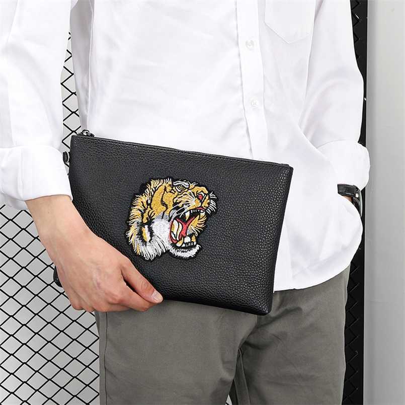 

Live broadcast of men's embroidered tiger head handbag version business mobile phone bag PU large-capacity, Small black