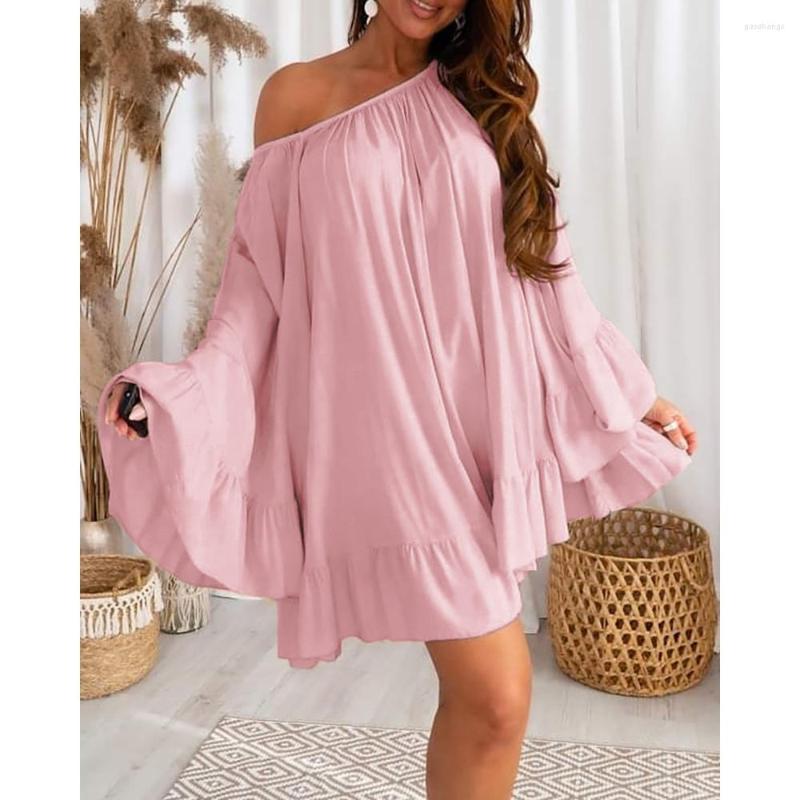 

Casual Dresses Women 2023 Summer Bell Sleeve Ruffle Hem Dress Slash Neck Mini A Line Sweet Oversized Outfits Robe Clothing, Orange
