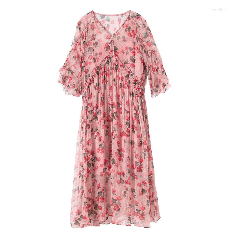 

Party Dresses Hi-end Spring And Summer 2023 Women Silk Floral Dress Elegant Lady Slim Lotus Leaf V-neck A-line Print -XXL, Pink