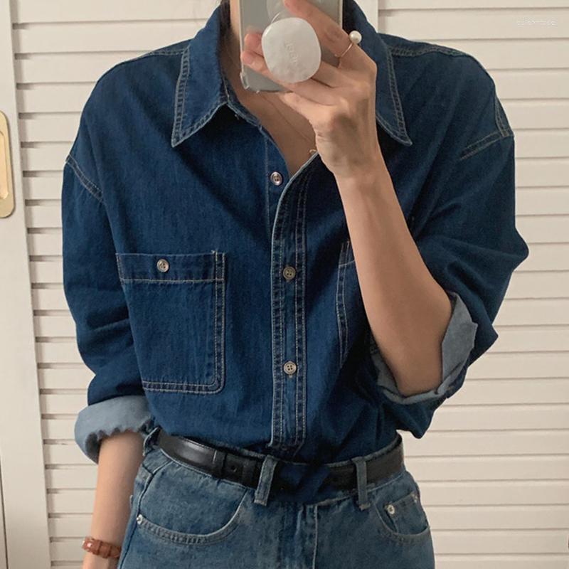 

Women's Blouses Korean Chic 2023 Vintage Lapel Design Loose Long Sleeve Washed Denim Shirt Blouse Women With Two Pockets, Blue blouse