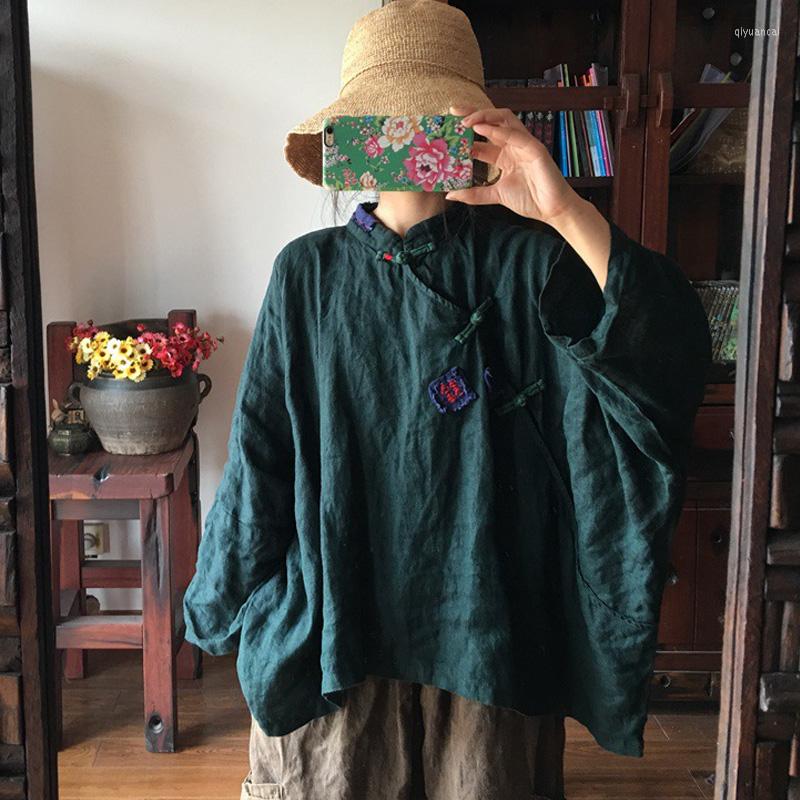 

Women's Blouses Johnature Women Bat Sleeve Shirts Vintage Cotton Linen 2023 Autumn Stand Button Cloths Loose, Green