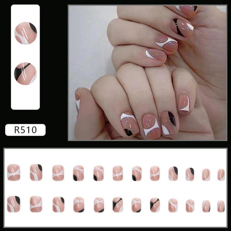 

False Nails 24Pcs Glossy Black White Short Fake For Women And Girls Salon Finger Toes DIY Manicure, Jelly glue model