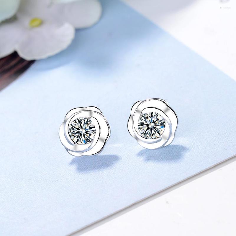 

Stud Earrings Rose Flower Shiny Zircon Sweet Romantic Korean Fashion Jewelry Wholesale Chinese For Women Ladies Gifts