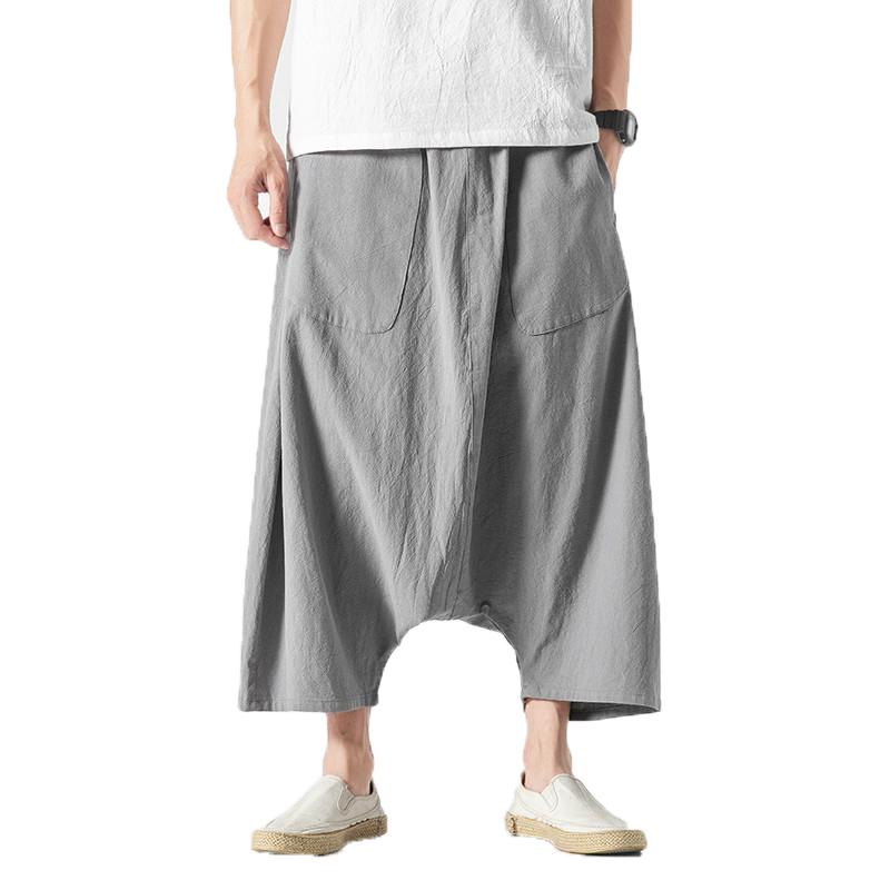 

Men's Pants Cotton Linen Men Wide Leg Summer Casual Calf-Length Male Track Solid Big Pocket Baggy TrousersMen's, Black