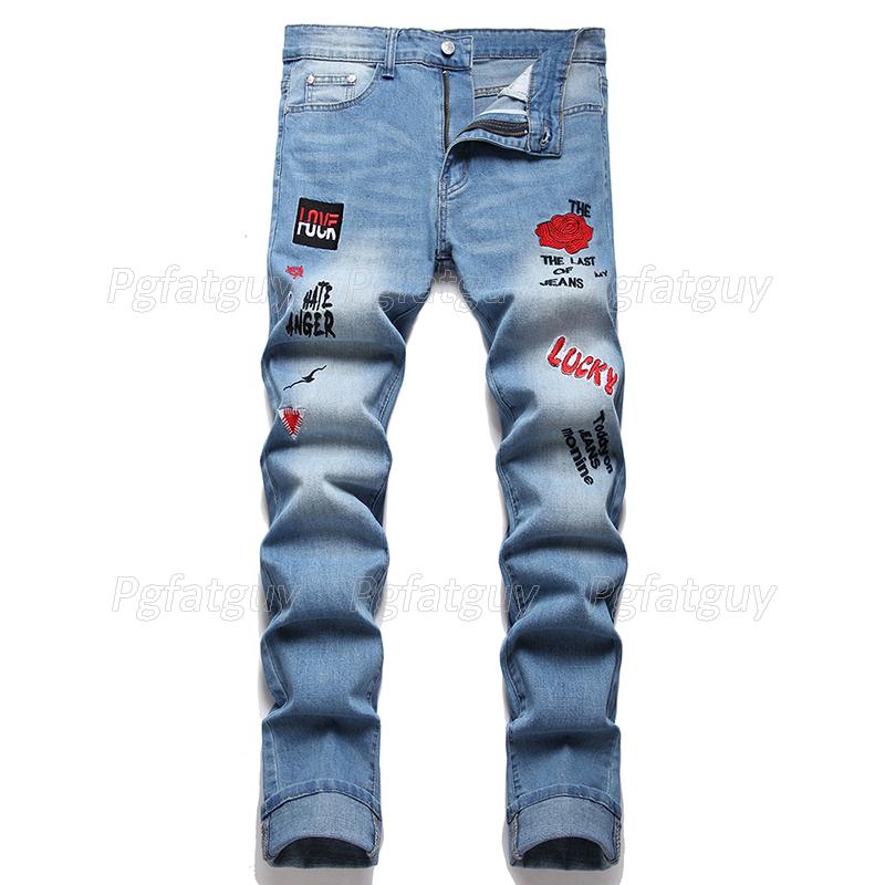 

Men's Jeans Summer Street Embroidered Fashion Slim Fit Cotton Denim Pants Red Mid Waist Trousers Stretch Streetwear PantalonesMen', 2023red
