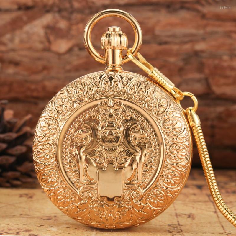 

Pocket Watches Gorgeous Double Open Large Mechanical Watch Gold Copper Carved Case Automatic Necklace Pendant Digital Dial, Picture shown