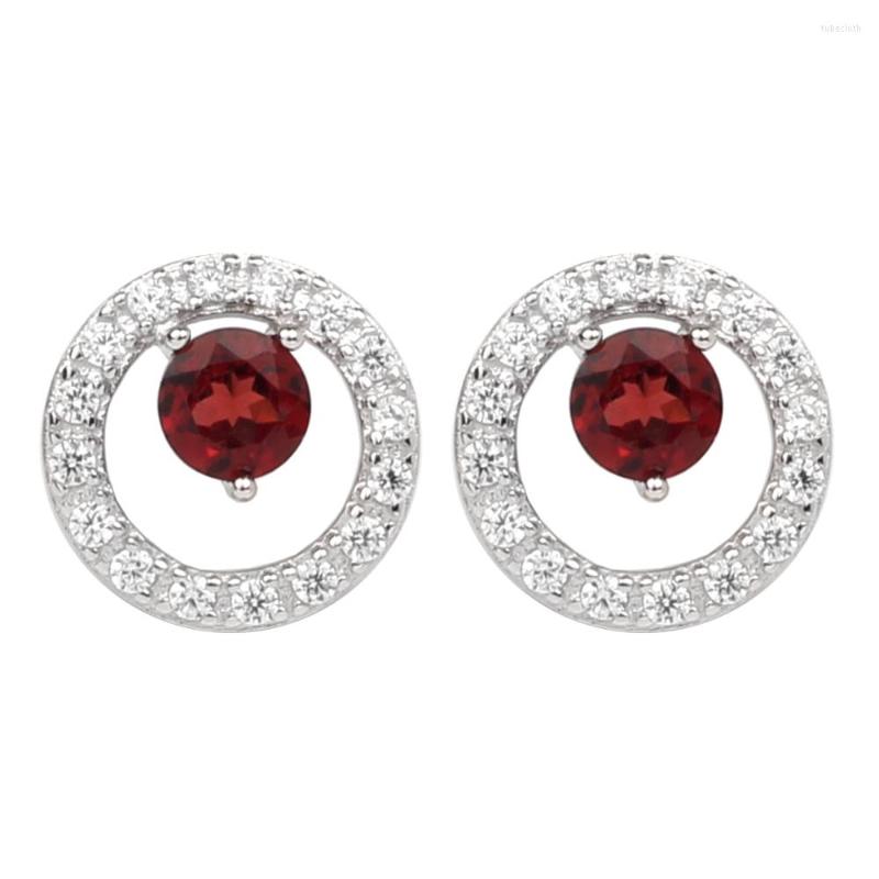 

Stud Earrings Women Red Garnet Silver 925 Jewelry Round Base 5mm Gemstones January Birthstone Clear CZ Side Stones E093RGN