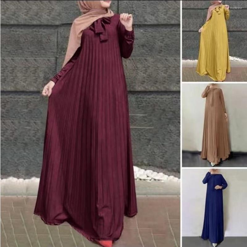 

Ethnic Clothing Pleated Dress Women Muslim Abaya S-4XL Loose Solid Stand Collar Long Dresses Islamic Robe Femme Musulmane Kaftan Abayat