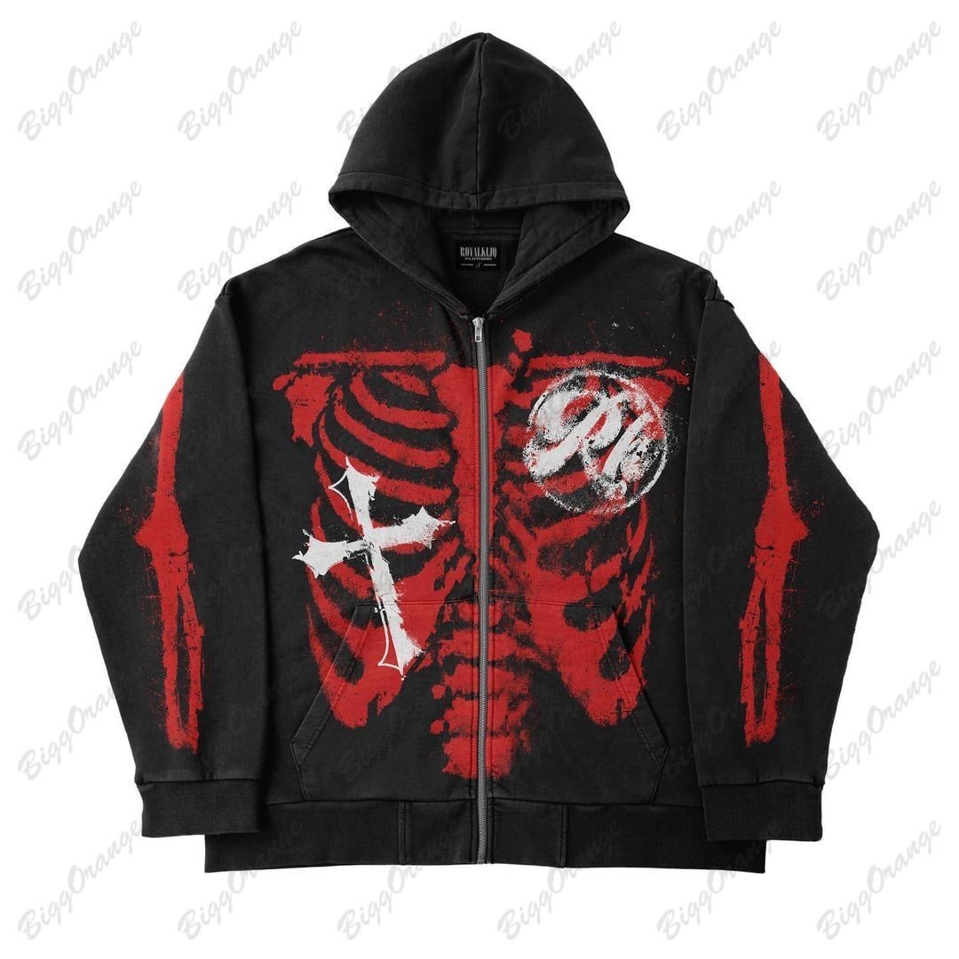 

Mens Hoodies Sweatshirts Y2k Skeleton bone print street fashion brand zipper black cardigan coat plush Loose and casual Gothic hoodie men 230216, Pink