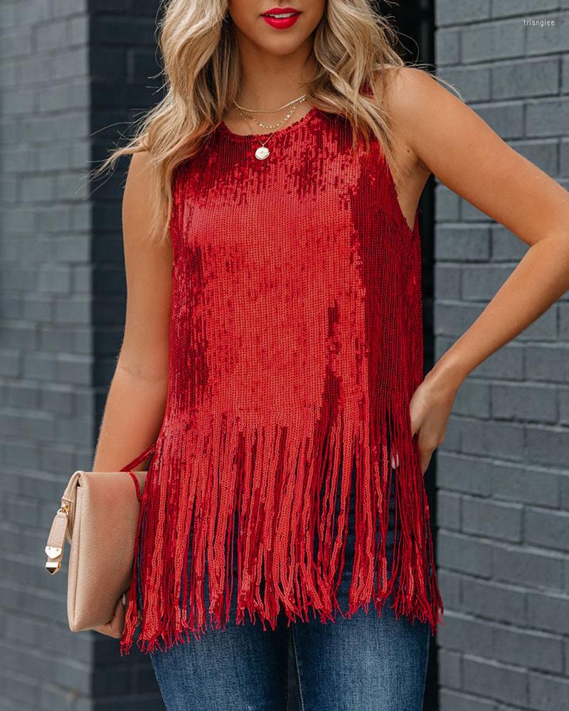 

Women' T Shirts Women Vest Red Sequins Sleeveless Tassels Fashion Sexy Pullover Spring And Summer Trend Casual Temperament Top