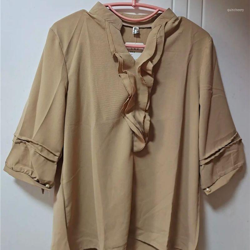 

Women's Blouses Korean Half Sleeve V-neck Agaric Edge Top Women Chiffon T-shirts Solid Elegant Shirts Plus Size 5XL Lightweight Pullover, Pink