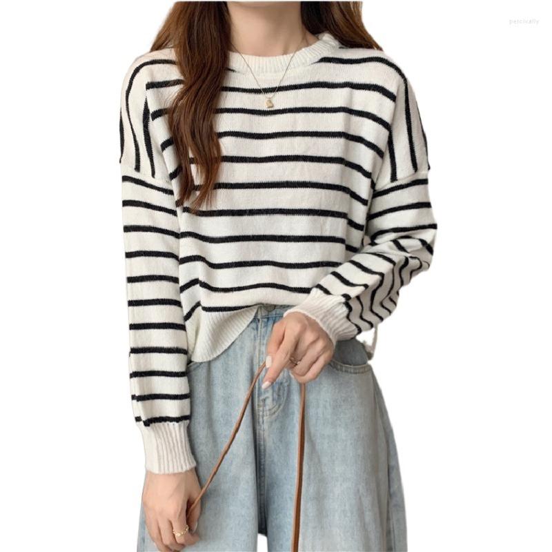 

Women's Knits Autumn Striped Design Button Sweater Round Neck Pullover