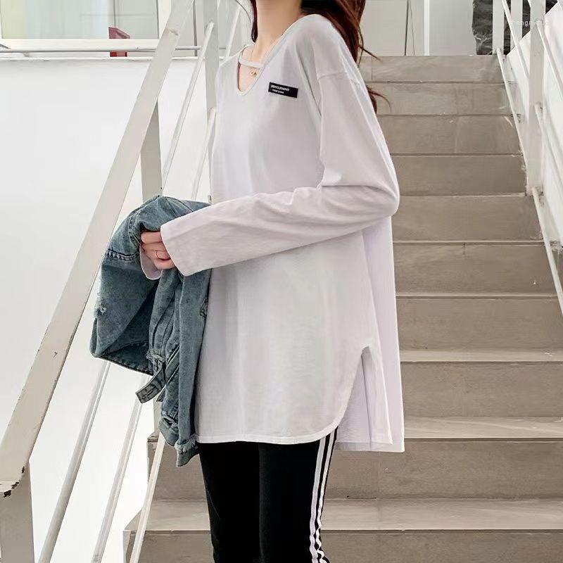 

Women's T Shirts Woman Solid Color Pullovers Female Long Sleeve Tops O-neck Clothes Bottoming Jumpers Streetwear Loose Casual G22, White