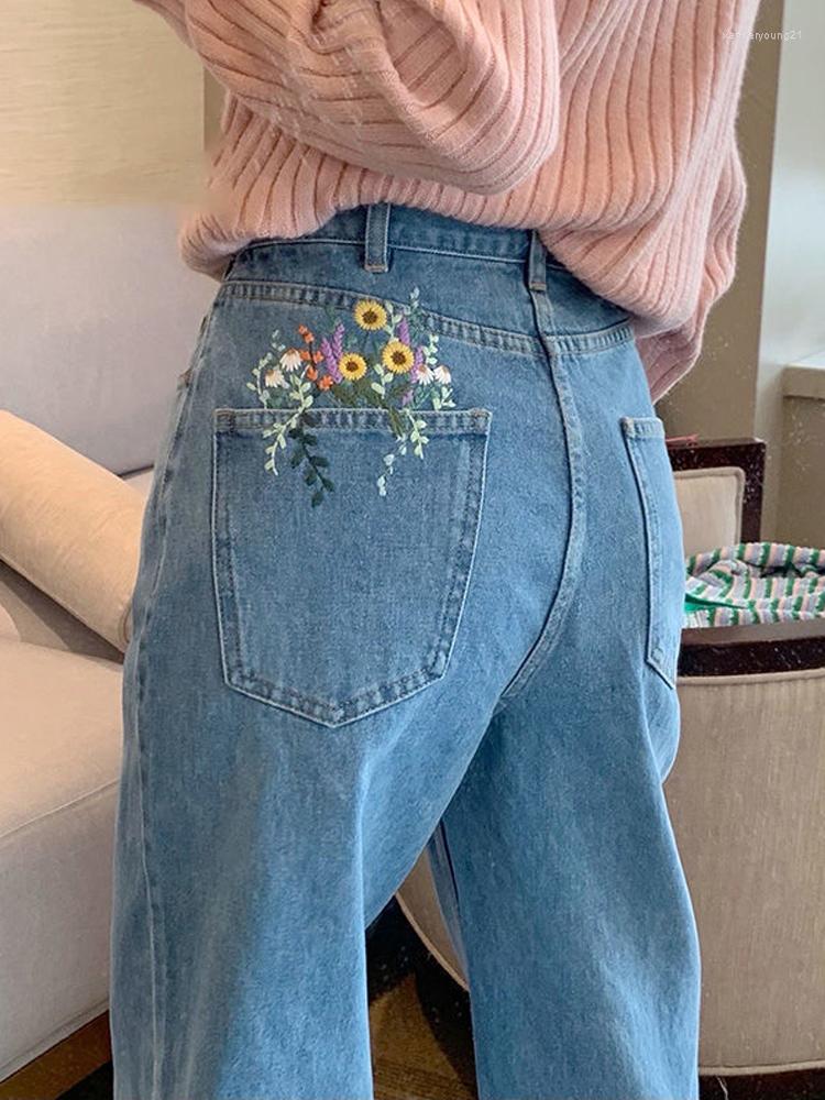 

Women' Jeans Fashion Women Denim Pants Straight Long 3D Flowers Embroidery High Waist Ladies Wide Leg Trousers, 01