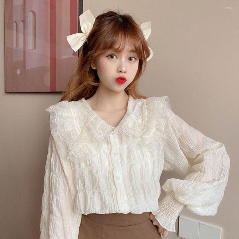 

Women' Blouses Spring Korean Style Elegant Shirt Female Retro Fairy Doll Collar Shirts Ladies Sweet Ruffles Long Puff Sleeve Blouse, White
