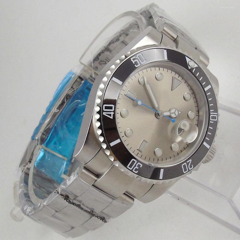 

Wristwatches 40mm Gray Sterile Dial Steel Business Automatic Men Wristwatch 21 Jewels MIYOTA 8215 Magnifier Clear Glass Back Ceramic Insert, Solid case back