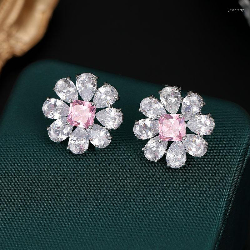 

Stud Earrings Big Flower Cubic Zirconia Studs For Women Luxury S925 Silver Needle Jewelry Copper Pink White Yellow CZ Christmas Gift