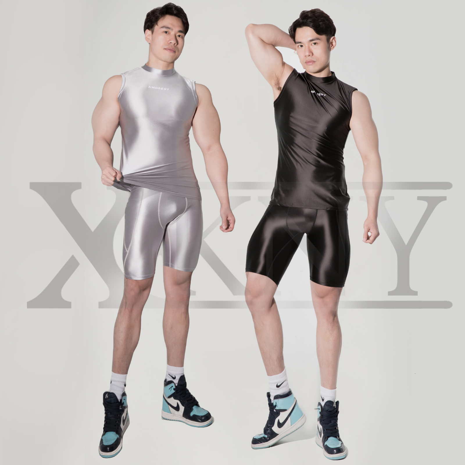 

Men's Swimwear XCKNY men Silk GLOSSY color sexy luster High Waist Shorts Pants smooth bodybuilding vest oily shiny Yoga running sportswear 230217, Silver shorts
