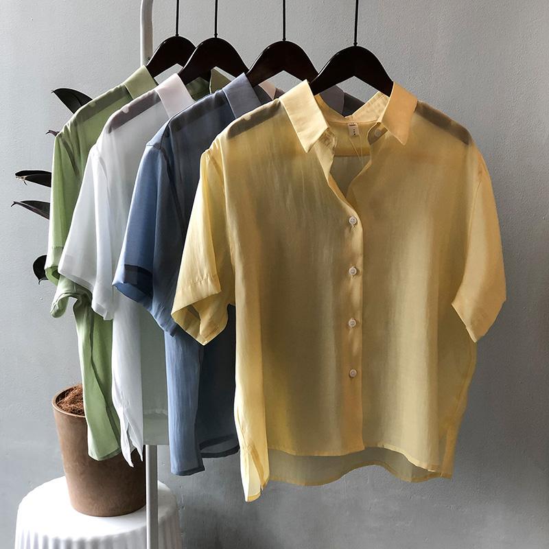 

Women's Blouses & Shirts Summer Women Blouse Short Sleeve Basic Korean Style Loose Top FemaleThin Light Shirt Chic Elegant Ladies Clothing 3, Green