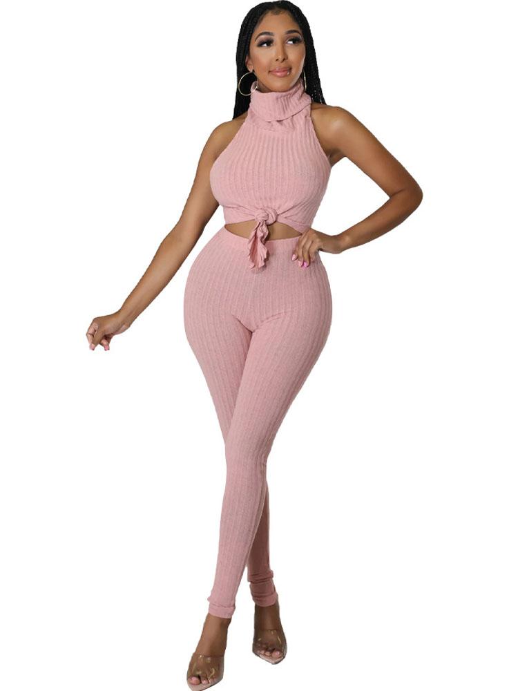 

Women' Two Piece Pants Sexy Knit Ribbed Halter Set Asymmetrical Turtleneck Backless Tops And Women Sleeveless Club Outfits Party SetsWomen, Pink