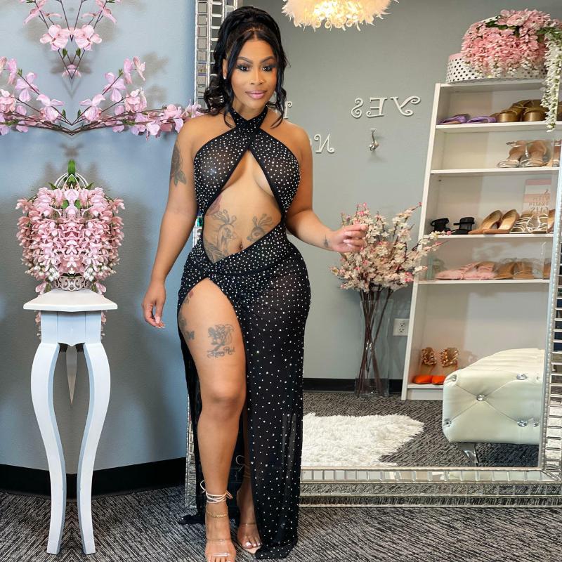 

Casual Dresses Sexy Women Dress Hollow Out Halter Solid Color Diamond Party Night Clubwear For Vestidos, Black