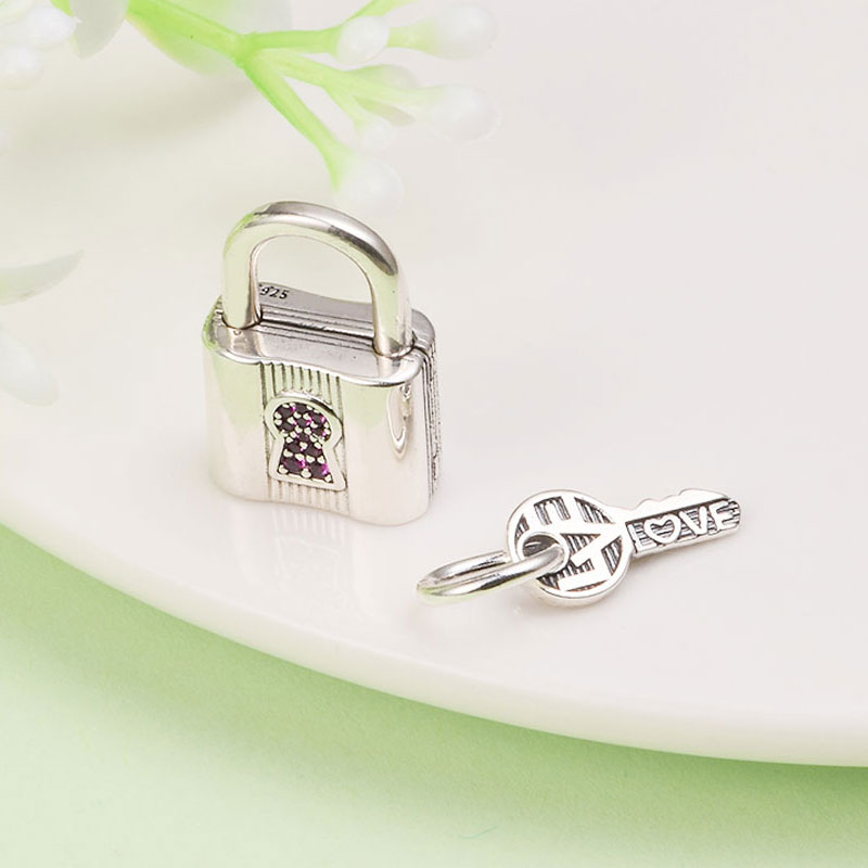 

925 Sterling Silver Forever Love Lock & Key with Pink Cz Bead Fits European Pandora Style Jewelry Charm Bracelets