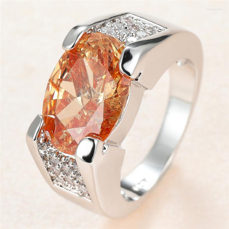 

Wedding Rings Boho Female Champagne Crystal Stone Ring Charm Silver Color Thin For Women Cute Bride Oval Zircon Engagement