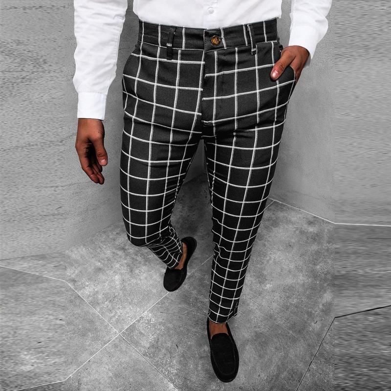 

Men's Pants Male All Matching Versatile Casual Plaid Button Slim Leggings Sports Shopping Fashion Suit Trousers With Foam, Black