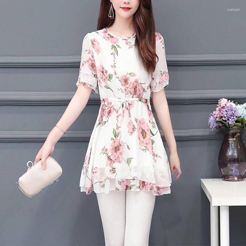 

Women's Blouses Women's Spring Summer Style Chiffon Shirt Ruffles Short Sleeve Printed Korean Tops SP120, Red