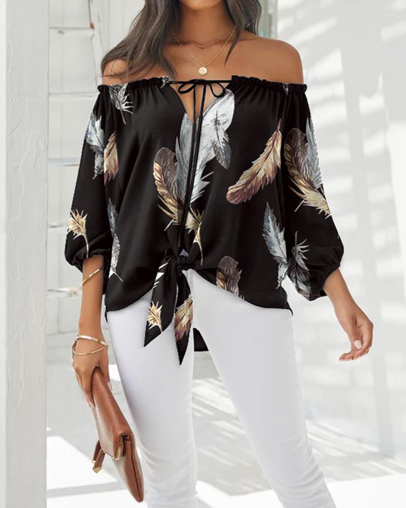 

Women' Blouses Summer Vacation Elegant Women Feather Print Tied Detail Off Shoulder Tops Femme Casual Three Quarters Frill Hem Blouse, Green
