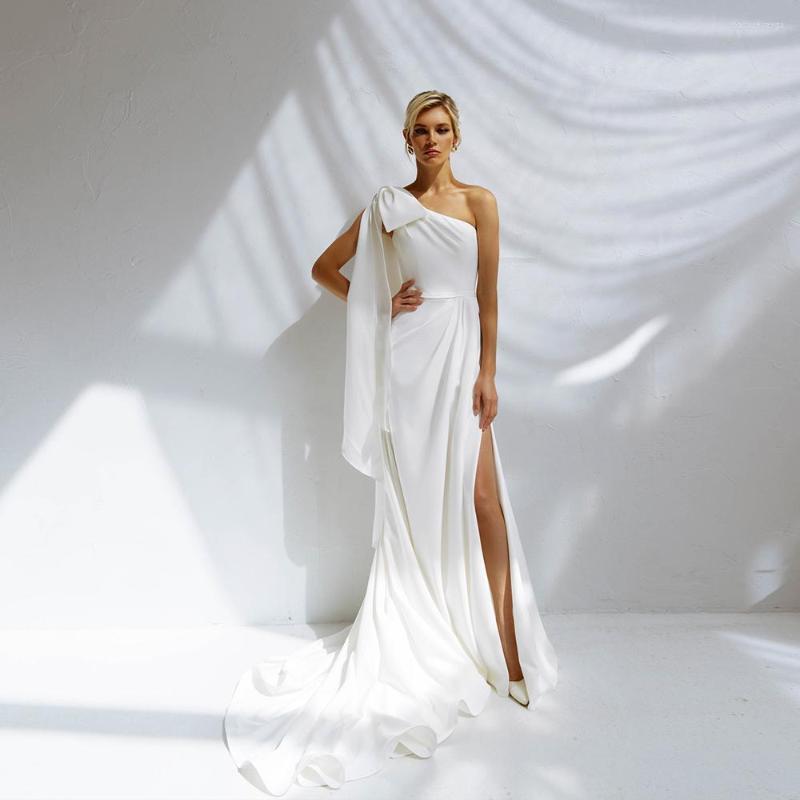 

Wedding Dress Civil White One Shoulder For Woman Brush Train Simple Bridal Gown Slit Beach Bride Robe De Mariage Femme 2023, Green