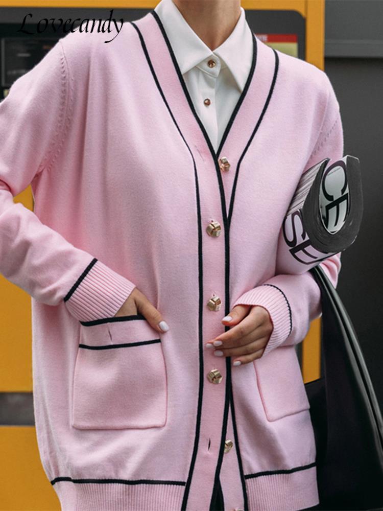 

Women  Knits Tees Color Matching Women Knitted Cardigan Casual V Neck Wool Single Breasted Top Autumn Loose Female Midi Sweater Coat 230217, Pink