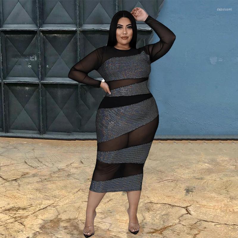 

Plus Size Dresses For Women Fashion 2023 Long Sleeve Midi Dress Bodycon Elegant Party Mesh Black Wholesale Drop
