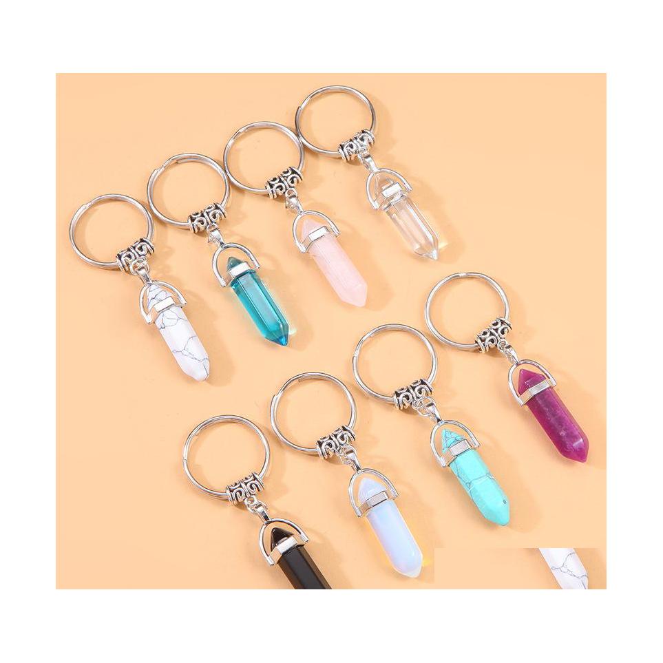 

Key Rings Natural Stone Hexagon Prism Keychain Pink Opal Crystal Colorf Chains Healing Car Decor Keyrings Keyholder For Women Drop D Dhrdf